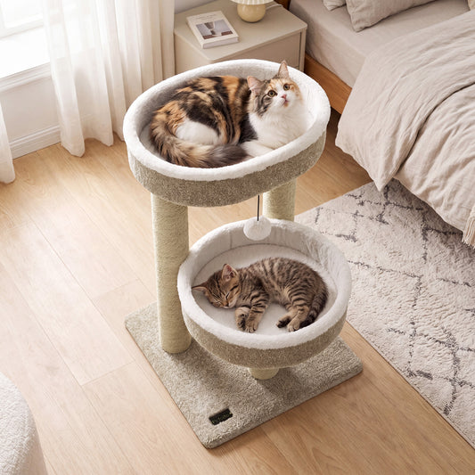 24 Cat Tower, 2 Plush Perches, Scratching Posts, Dangling Ball Cat Trees Condos & Scratchers White+Beige at Gallery Canada