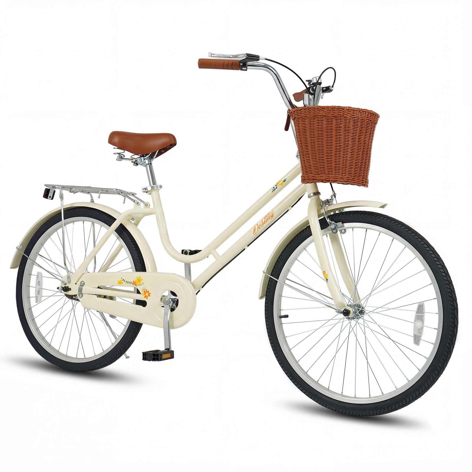 24 Inch Beach Cruiser Bike for Women with Woven Basket and Rear Rack - Beige, Beige Kids Bike at Gallery Canada