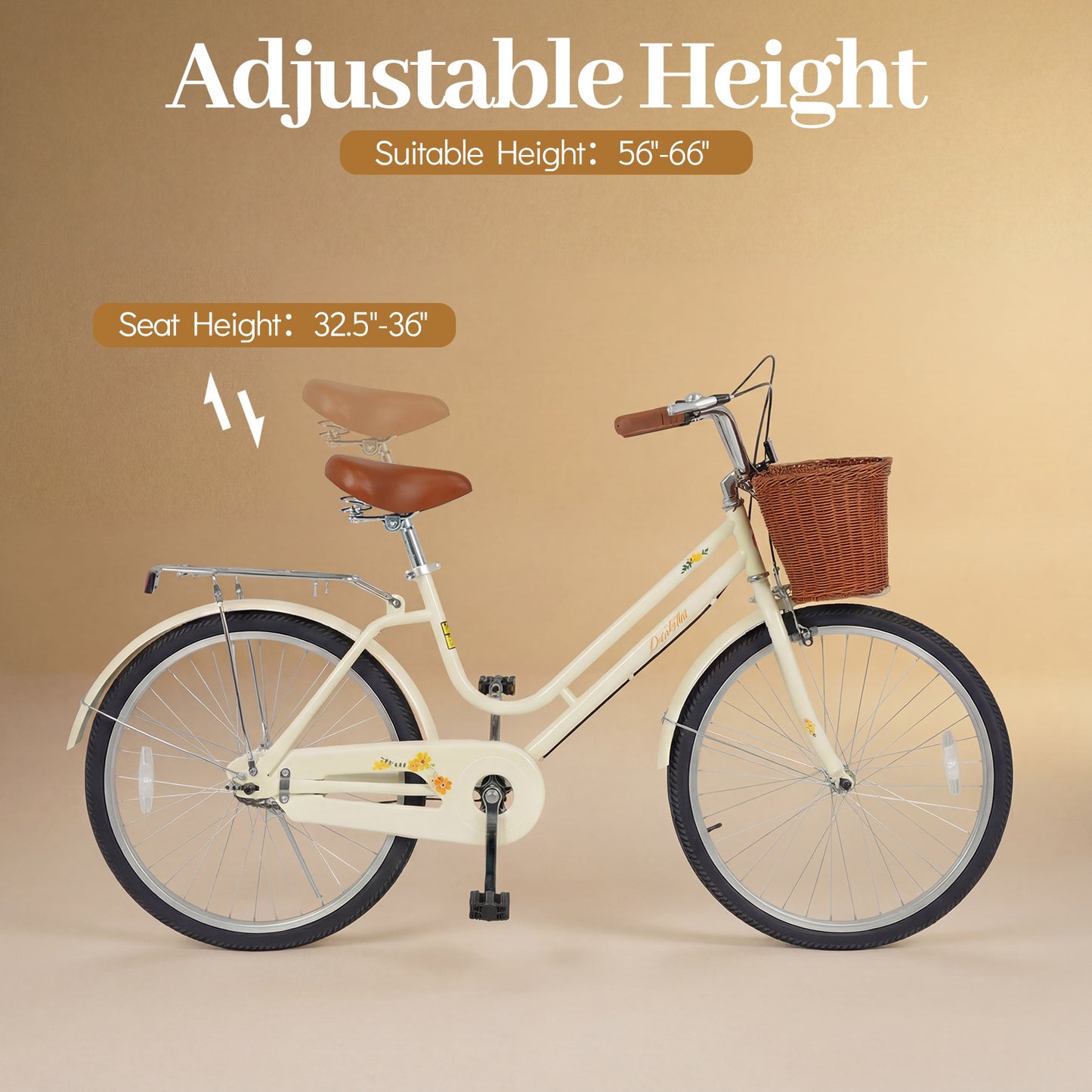 24 Inch Beach Cruiser Bike for Women with Woven Basket and Rear Rack - Beige, Beige Kids Bike at Gallery Canada