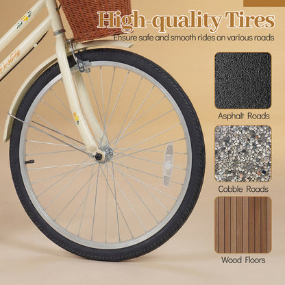 24 Inch Beach Cruiser Bike for Women with Woven Basket and Rear Rack - Beige, Beige Kids Bike at Gallery Canada