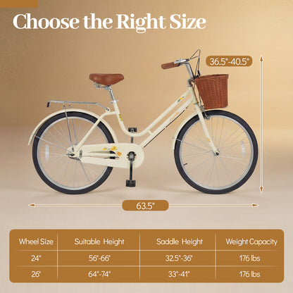 24 Inch Beach Cruiser Bike for Women with Woven Basket and Rear Rack - Beige, Beige Kids Bike at Gallery Canada