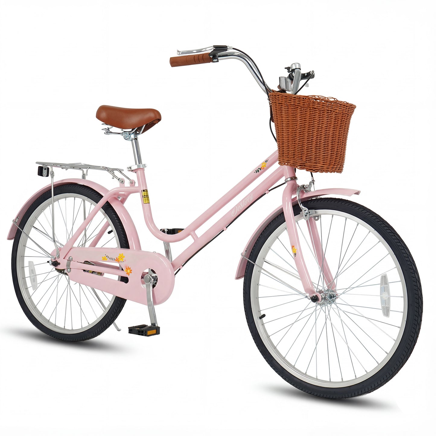 24-Inch Beach Cruiser Bike for Women with Woven Basket and Rear Rack - Pink, Pink Kids Bike at Gallery Canada