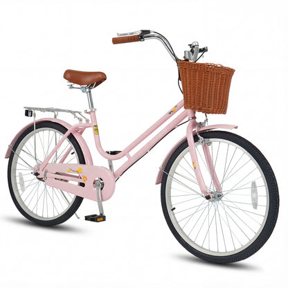 24-Inch Beach Cruiser Bike for Women with Woven Basket and Rear Rack - Pink, Pink Kids Bike at Gallery Canada