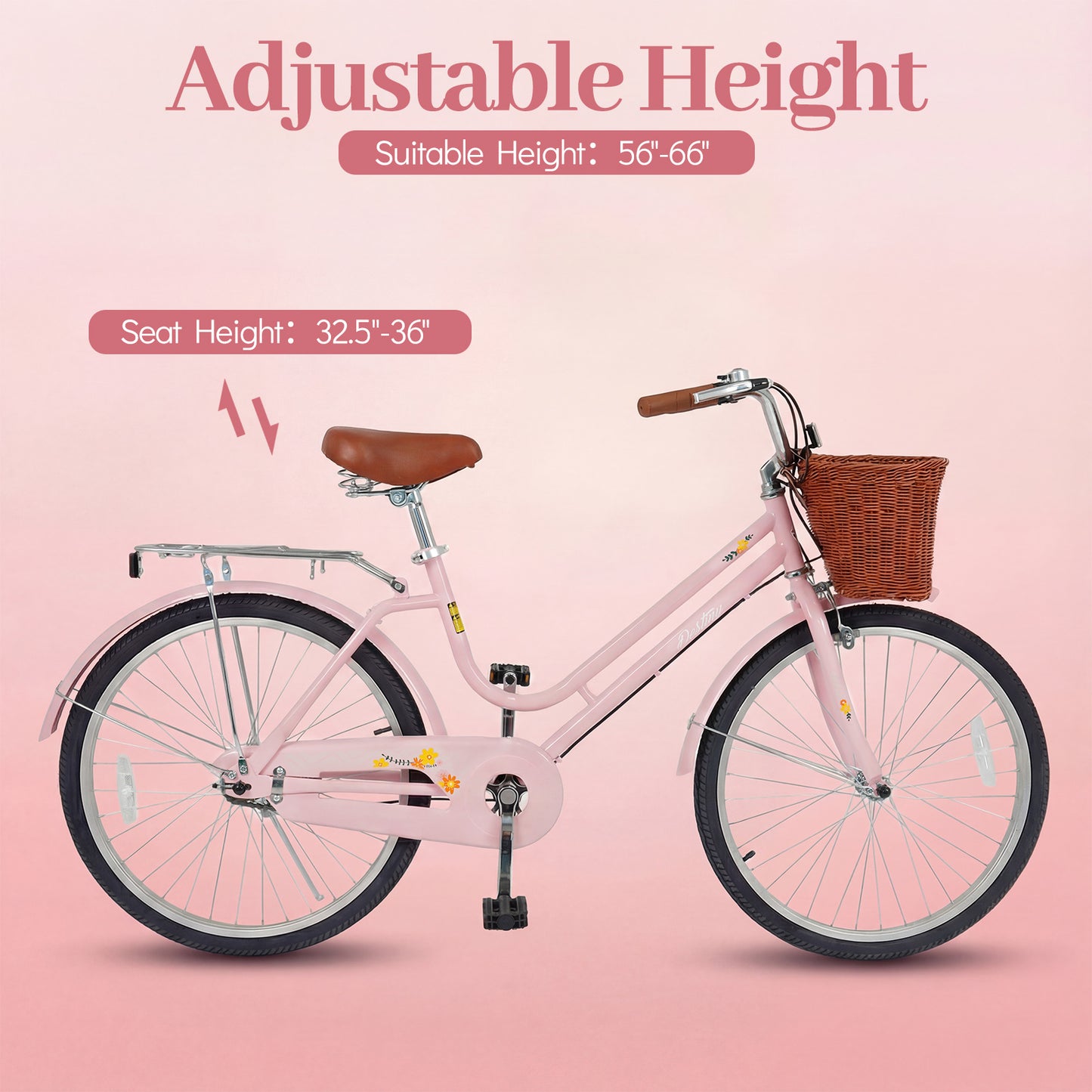 24-Inch Beach Cruiser Bike for Women with Woven Basket and Rear Rack - Pink, Pink Kids Bike at Gallery Canada