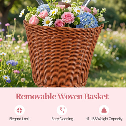 24-Inch Beach Cruiser Bike for Women with Woven Basket and Rear Rack - Pink, Pink Kids Bike at Gallery Canada