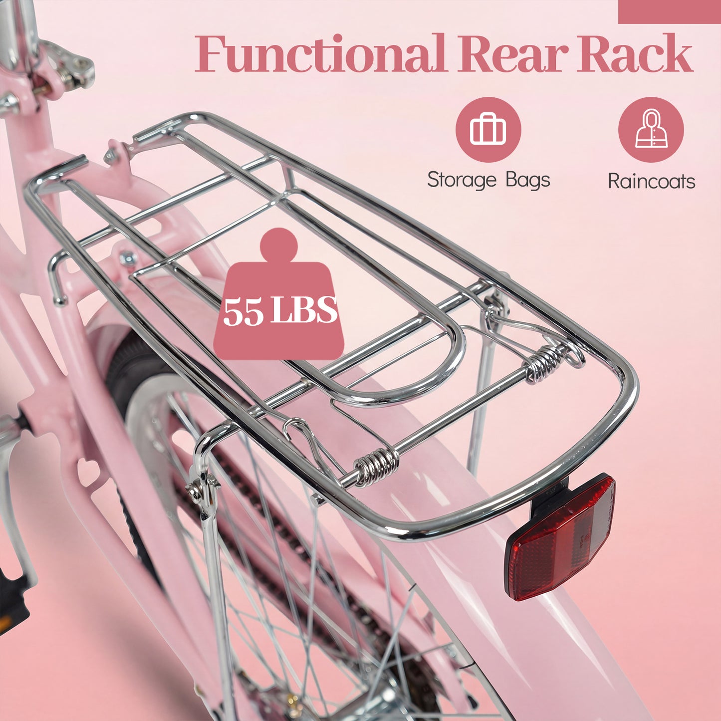 24-Inch Beach Cruiser Bike for Women with Woven Basket and Rear Rack - Pink, Pink Kids Bike at Gallery Canada