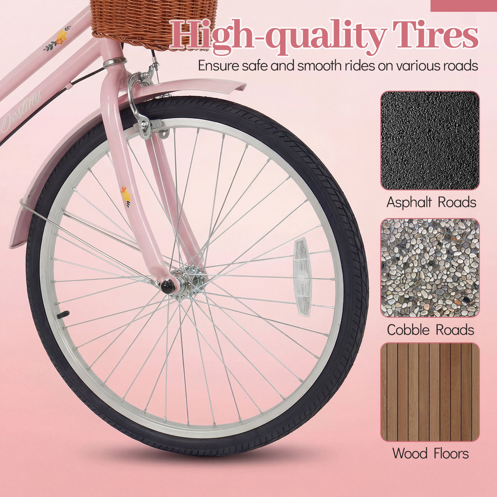 24-Inch Beach Cruiser Bike for Women with Woven Basket and Rear Rack - Pink, Pink Kids Bike at Gallery Canada