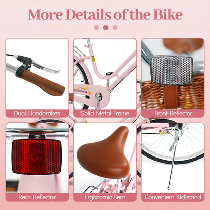 24-Inch Beach Cruiser Bike for Women with Woven Basket and Rear Rack - Pink, Pink Kids Bike at Gallery Canada
