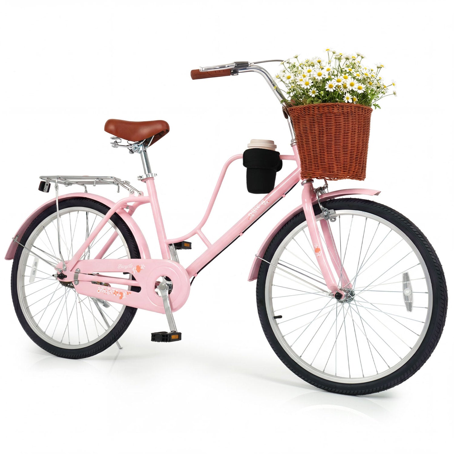 24-Inch Beach Cruiser Bike with Cup Holder and Woven Basket - Pink, Pink Kids Bike at Gallery Canada