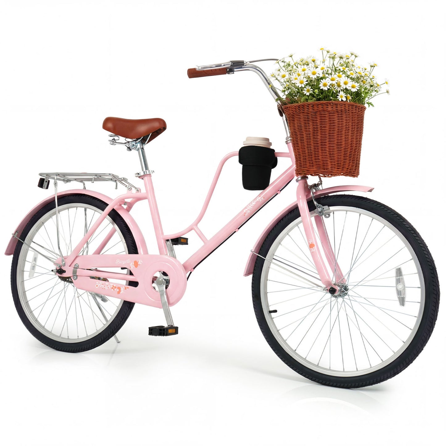 24-Inch Beach Cruiser Bike with Cup Holder and Woven Basket - Pink, Pink Kids Bike at Gallery Canada