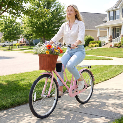24-Inch Beach Cruiser Bike with Cup Holder and Woven Basket - Pink, Pink Kids Bike at Gallery Canada