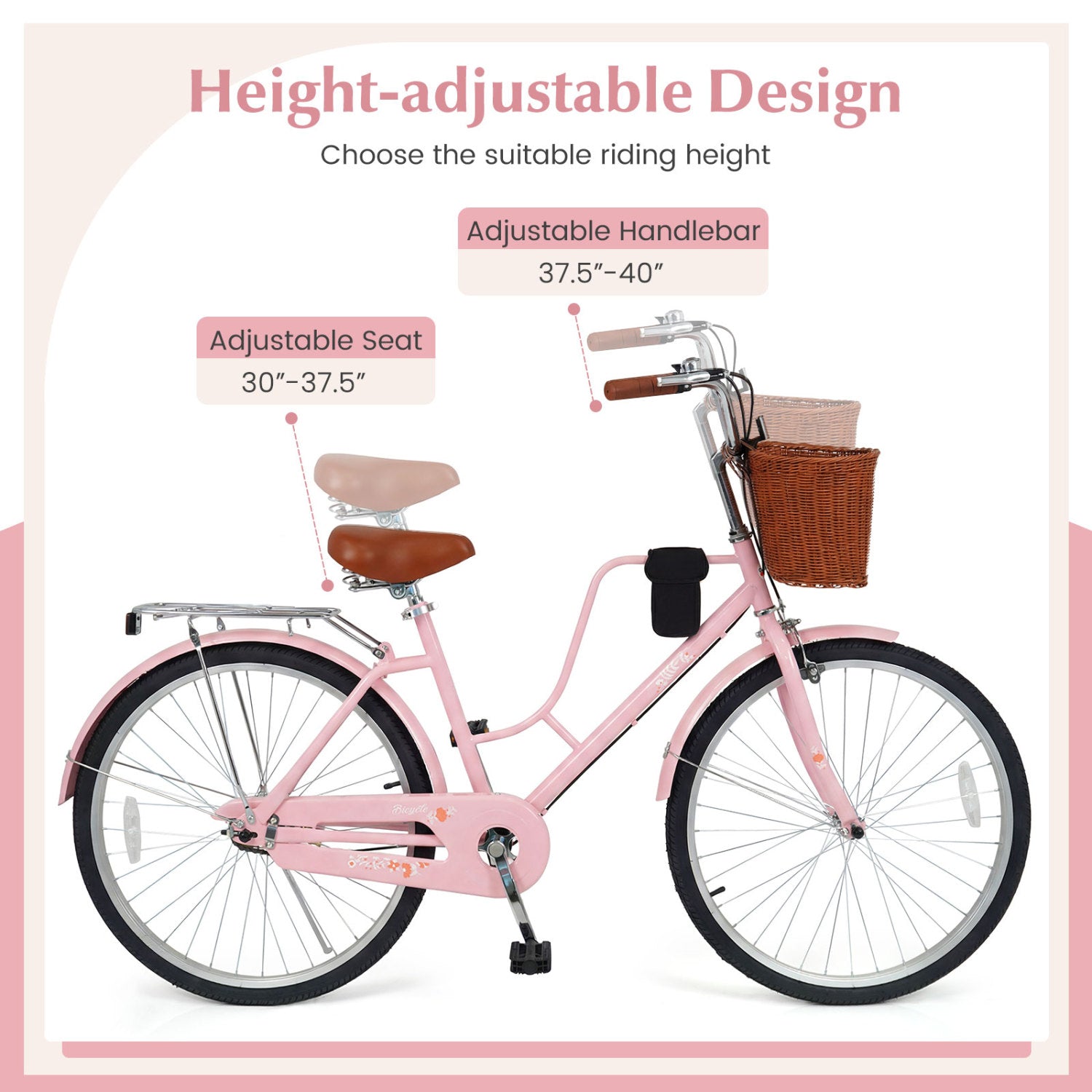 24-Inch Beach Cruiser Bike with Cup Holder and Woven Basket - Pink, Pink Kids Bike at Gallery Canada