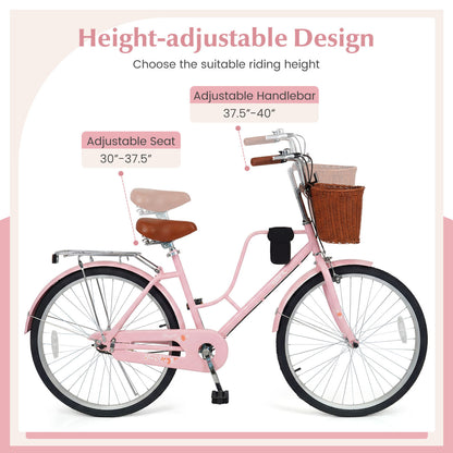 24-Inch Beach Cruiser Bike with Cup Holder and Woven Basket - Pink, Pink Kids Bike at Gallery Canada