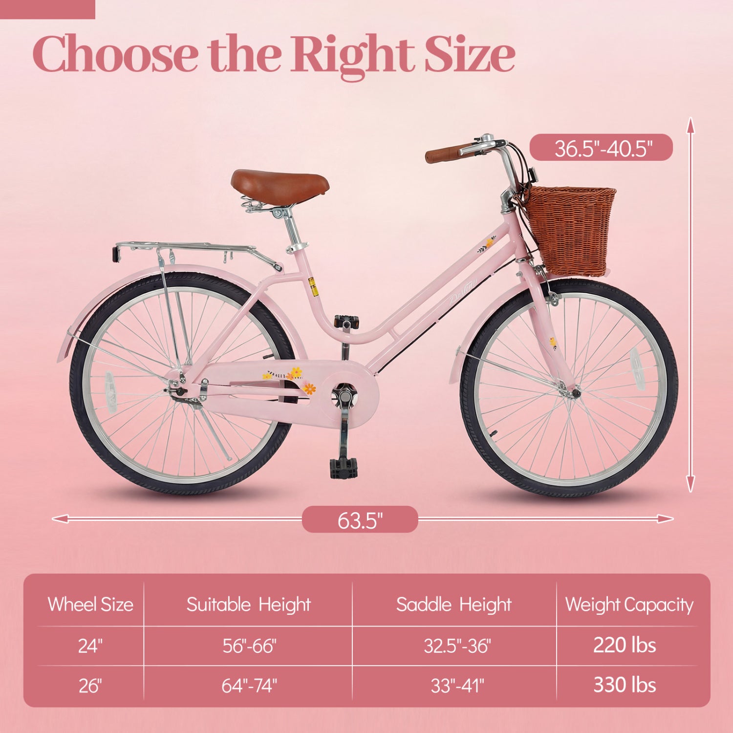 24-Inch Beach Cruiser Bike for Women with Woven Basket and Rear Rack - Pink, Pink Kids Bike at Gallery Canada