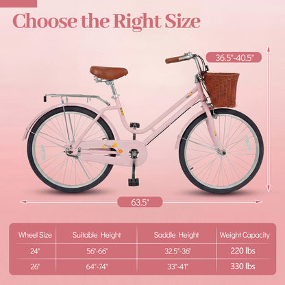 24-Inch Beach Cruiser Bike for Women with Woven Basket and Rear Rack - Pink, Pink Kids Bike at Gallery Canada