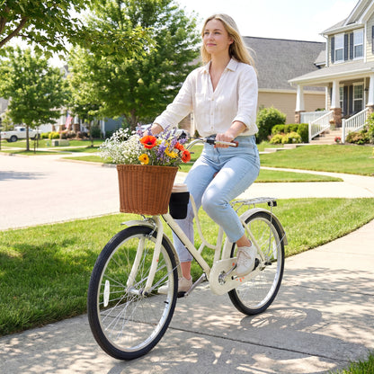 24-Inch Beach Cruiser Bike with Cup Holder and Woven Basket - Beige, Beige
