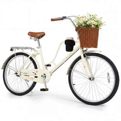 24-Inch Beach Cruiser Bike with Cup Holder and Woven Basket - Beige, Beige
