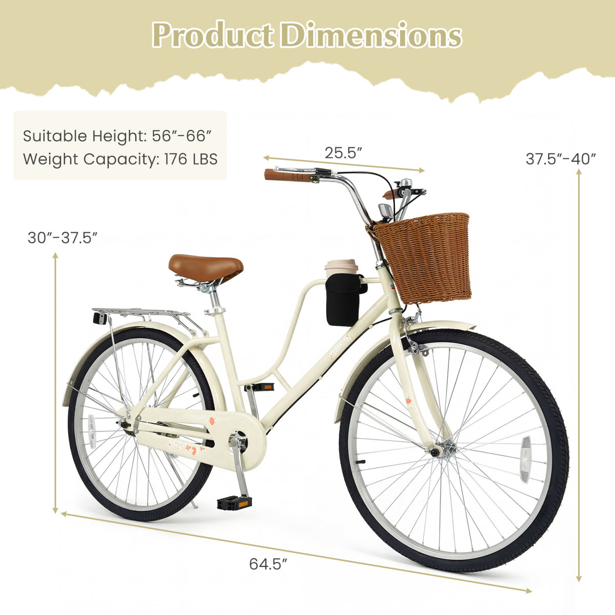 24-Inch Beach Cruiser Bike with Cup Holder and Woven Basket - Beige, Beige