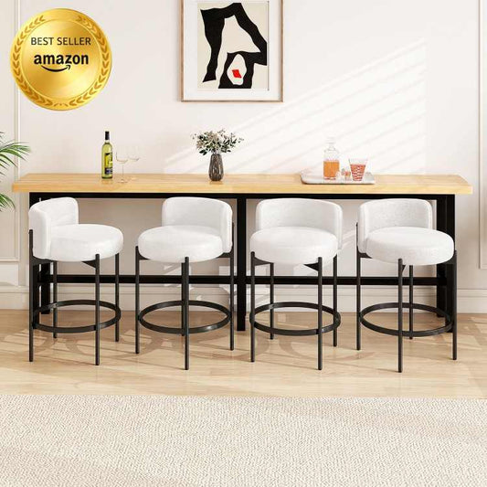 24 Inch Boucle Counter Stools, Set of 4, Curved Backrest, White Bar Stools White at Gallery Canada
