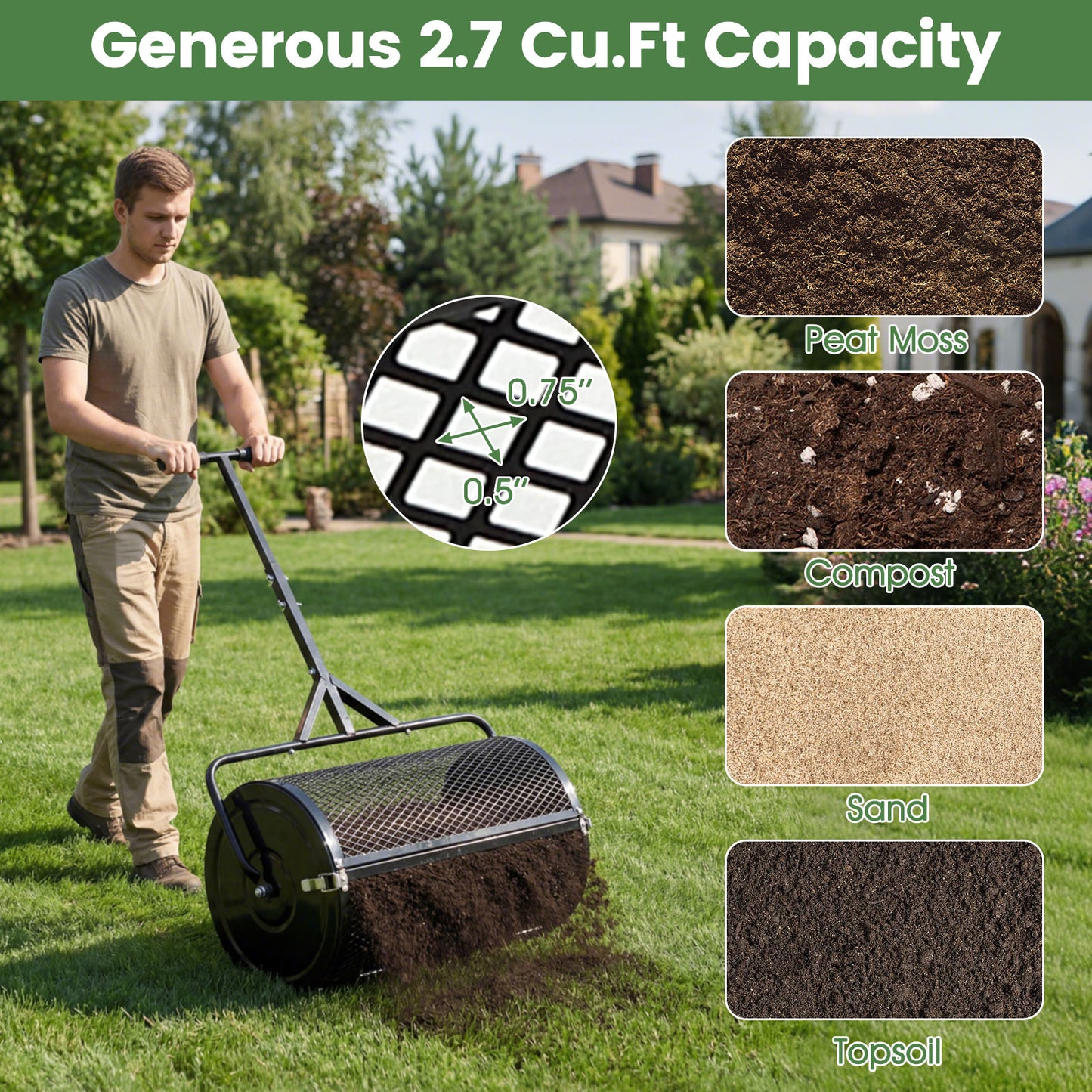 24 Inch Compost Spreader, Peat Moss Roller, Height-Adjustable Handle, Black Lawn Care Tools at Gallery Canada