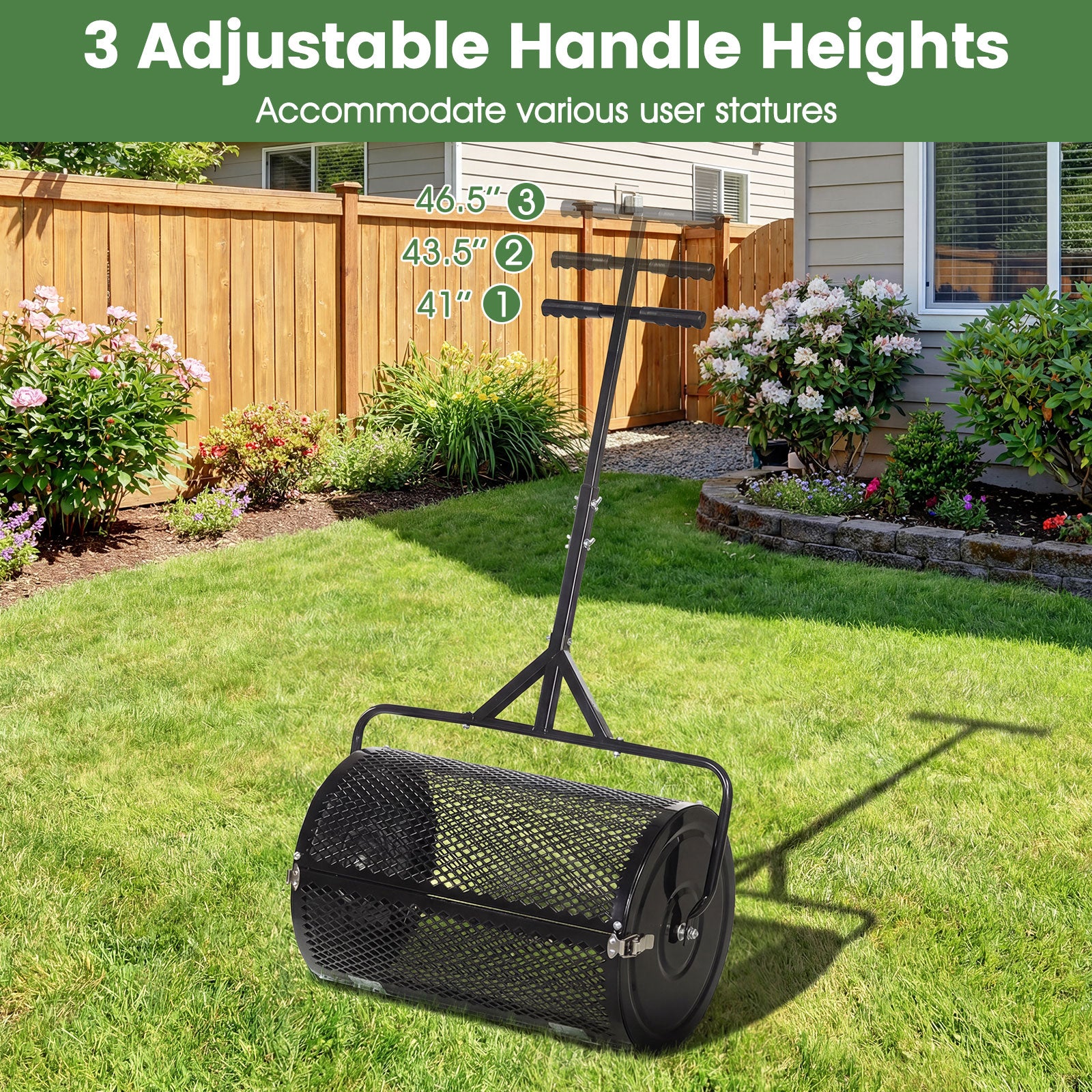 24 Inch Compost Spreader, Peat Moss Roller, Height-Adjustable Handle, Black Lawn Care Tools at Gallery Canada