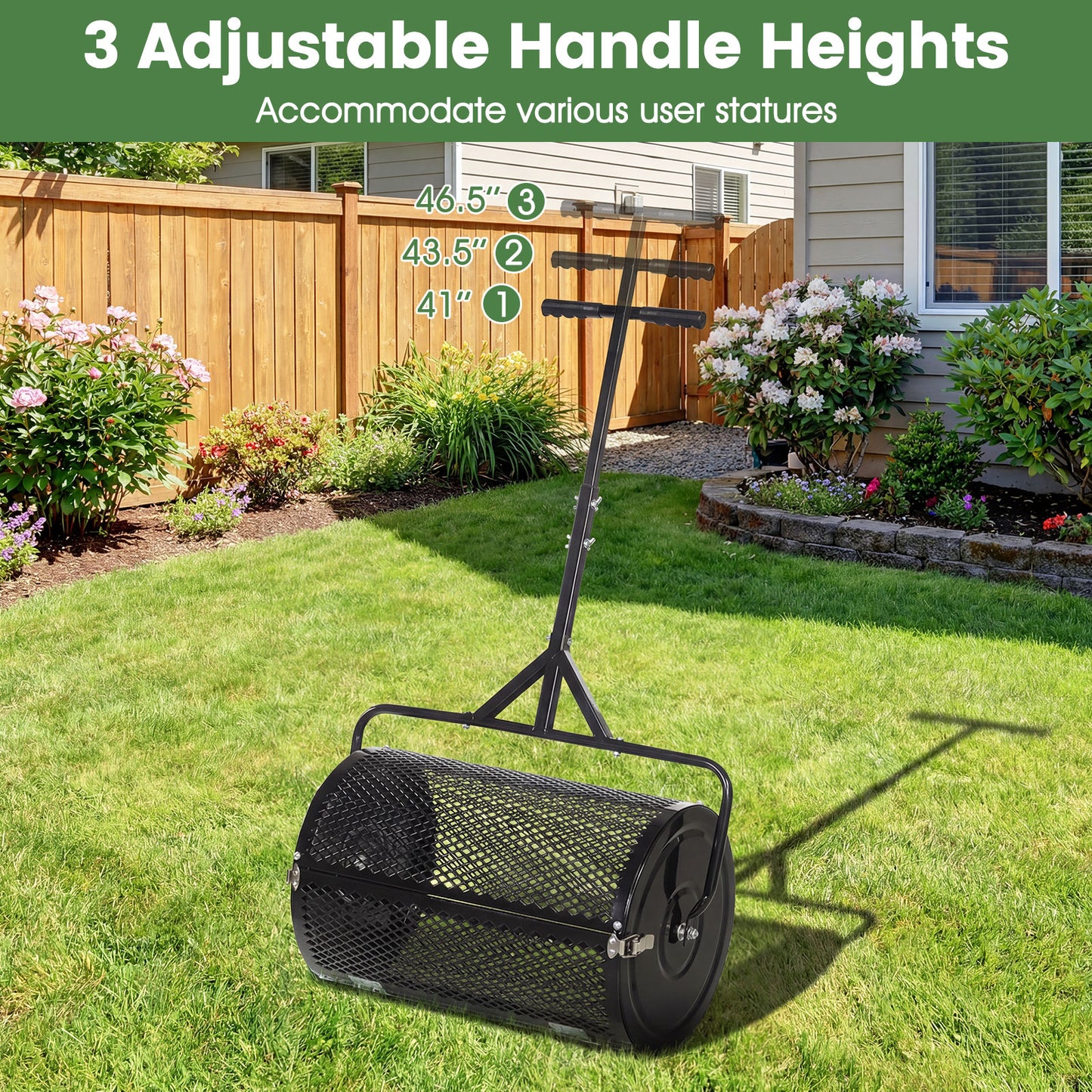 24 Inch Compost Spreader, Peat Moss Roller, Height-Adjustable Handle, Black Lawn Care Tools at Gallery Canada