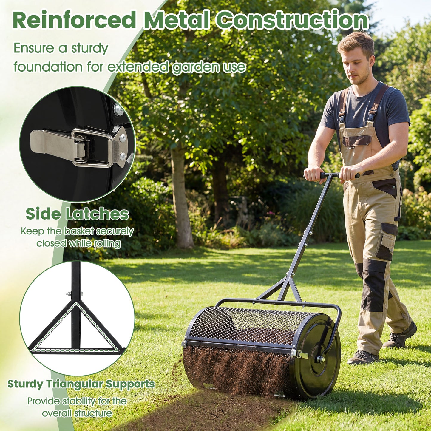 24 Inch Compost Spreader, Peat Moss Roller, Height-Adjustable Handle, Black Lawn Care Tools at Gallery Canada