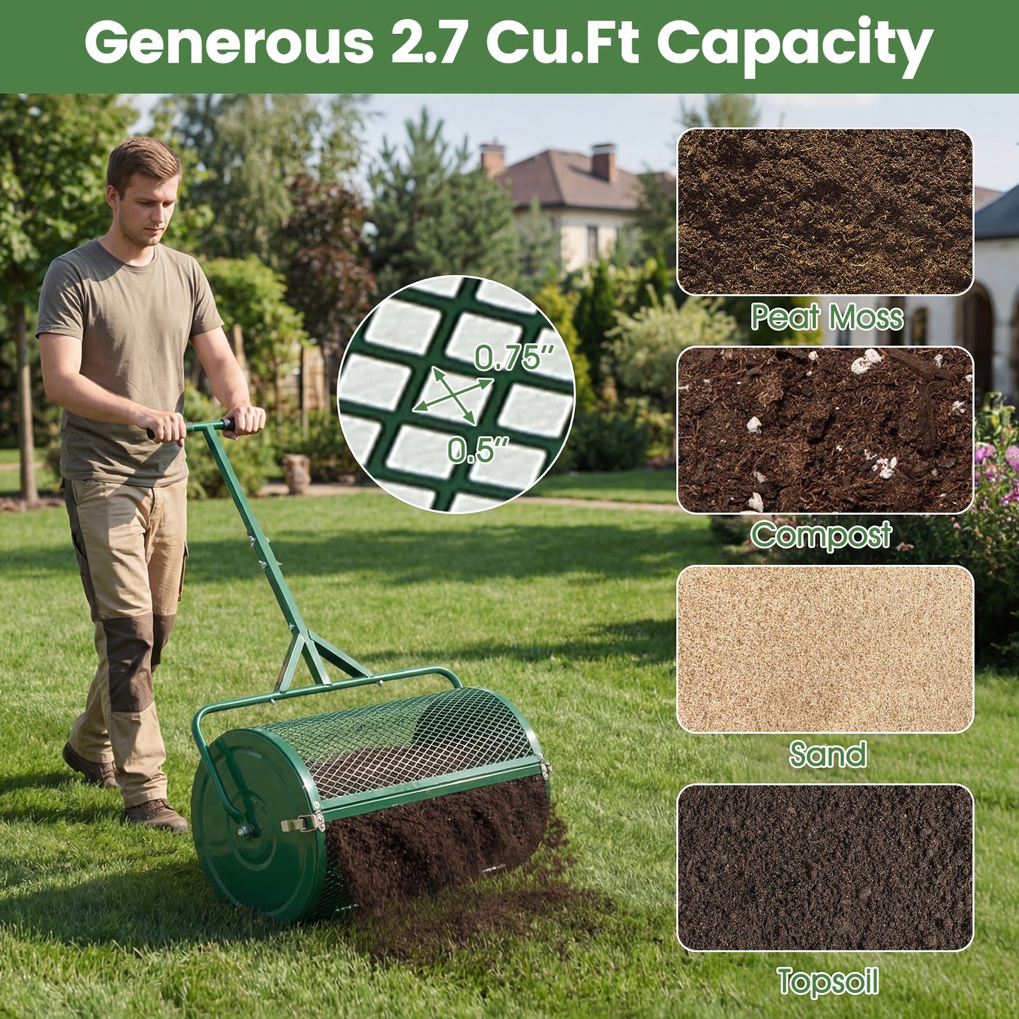 24 Inch Compost Spreader, Height-Adjustable T-Handle, Green Lawn Care Tools at Gallery Canada