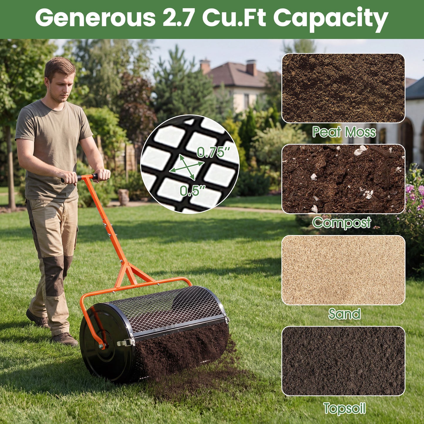 24 Inch Compost Spreader, Peat Moss Roller, Adjustable T-Handle, Orange Lawn Care Tools at Gallery Canada