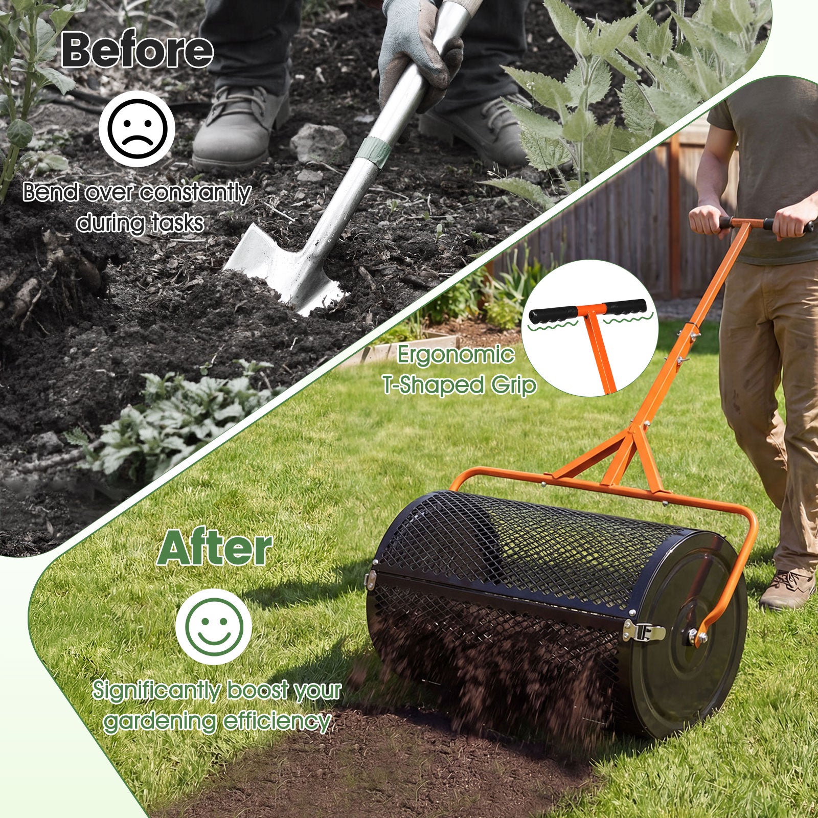24 Inch Compost Spreader, Peat Moss Roller, Adjustable T-Handle, Orange Lawn Care Tools at Gallery Canada