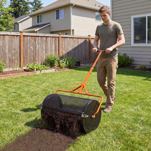 24 Inch Compost Spreader, Peat Moss Roller, Adjustable T-Handle, Orange