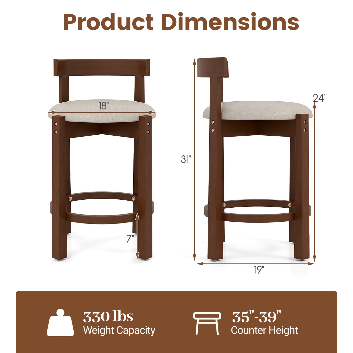 24 Inch Counter Height Bar Stools, Set of 2, Beige Bar Stools at Gallery Canada