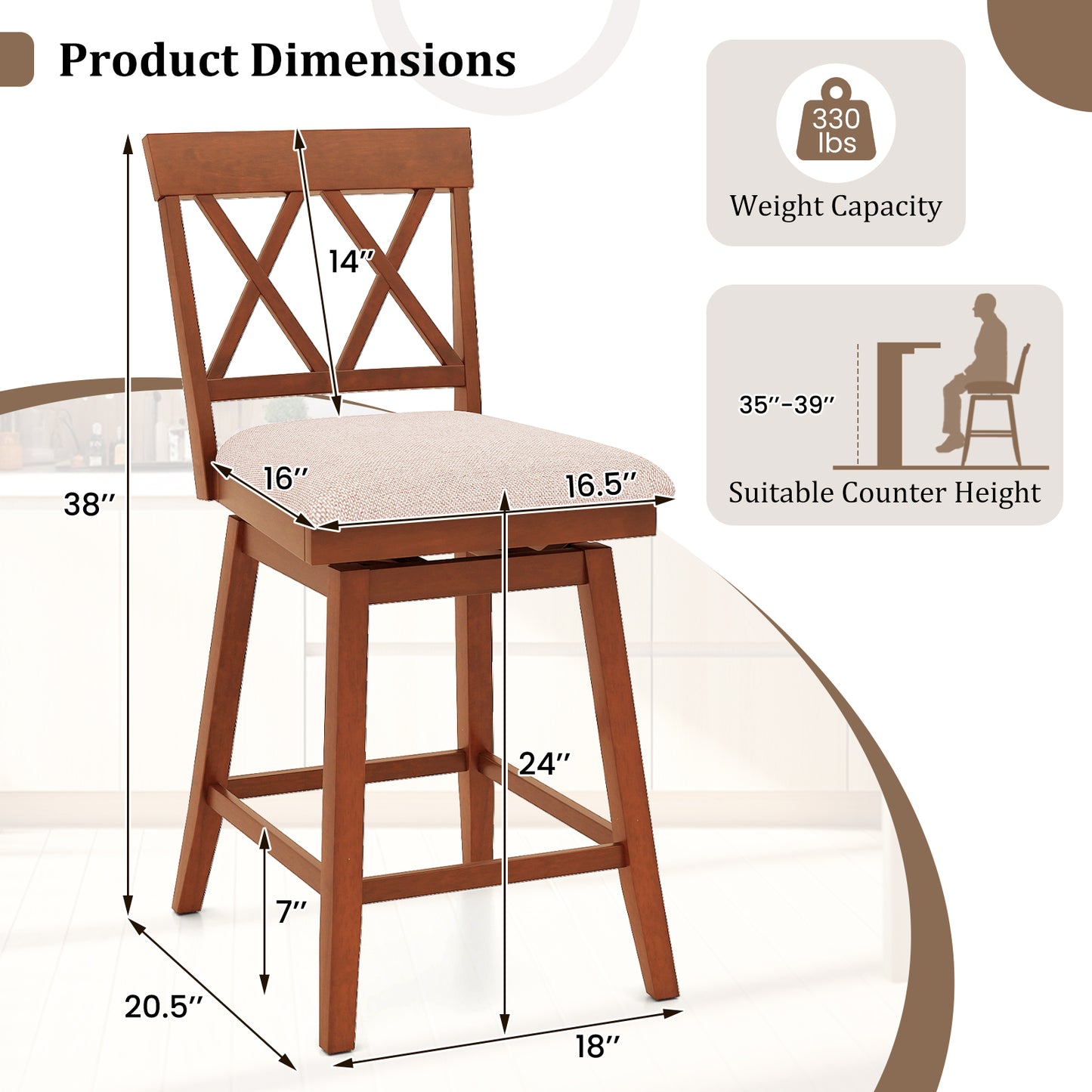 24 Inch Counter Height Barstools Set of 2 with Backrest and Seat Cushion-24 Inch