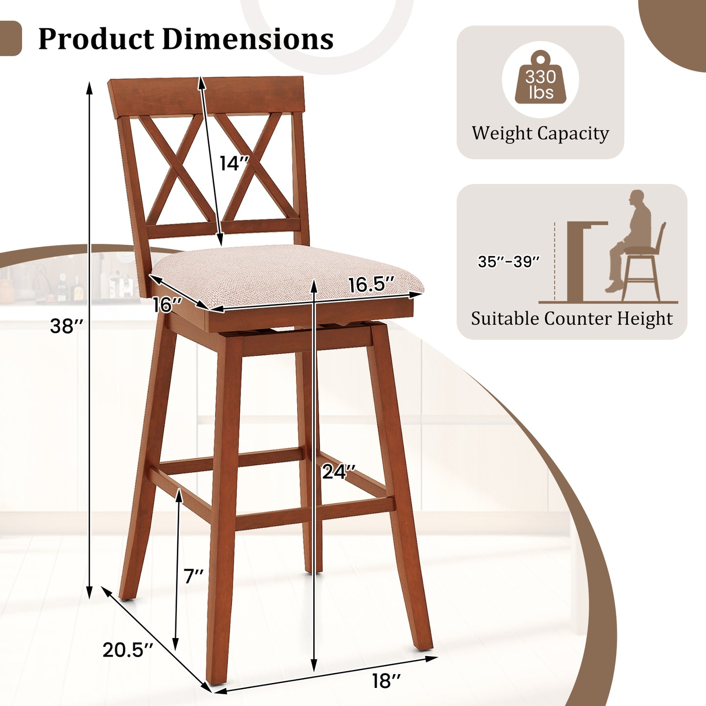 24 Inch Counter Height Barstools Set of 2 with Backrest and Seat Cushion-29 inch