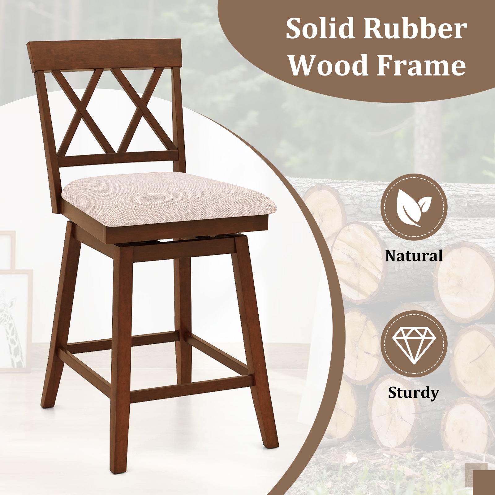 24 Inch Counter Height Barstools with Backrest and Upholstered Seat Cushion for Kitchen Dining Room, Oak Bar Stools at Gallery Canada