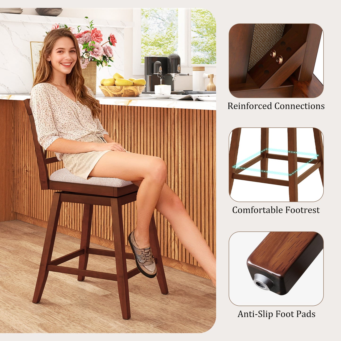 24 Inch Counter Height Barstools with Backrest and Upholstered Seat Cushion for Kitchen Dining Room, Oak Bar Stools at Gallery Canada