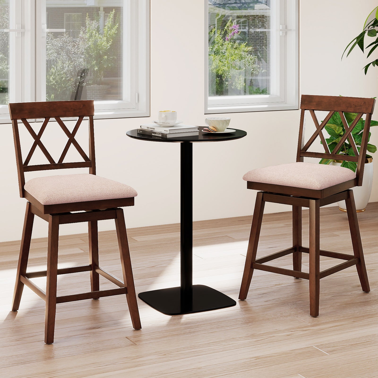 24 Inch Counter Height Barstools with Backrest and Upholstered Seat Cushion for Kitchen Dining Room, Oak Bar Stools at Gallery Canada