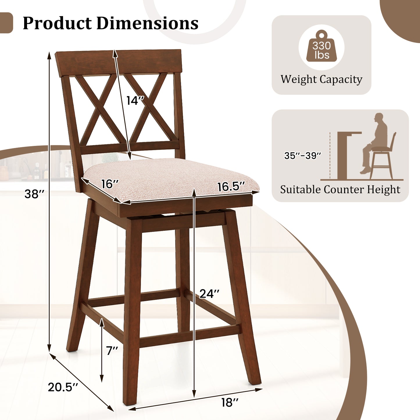 24 Inch Counter Height Barstools with Backrest and Upholstered Seat Cushion for Kitchen Dining Room, Oak Bar Stools at Gallery Canada