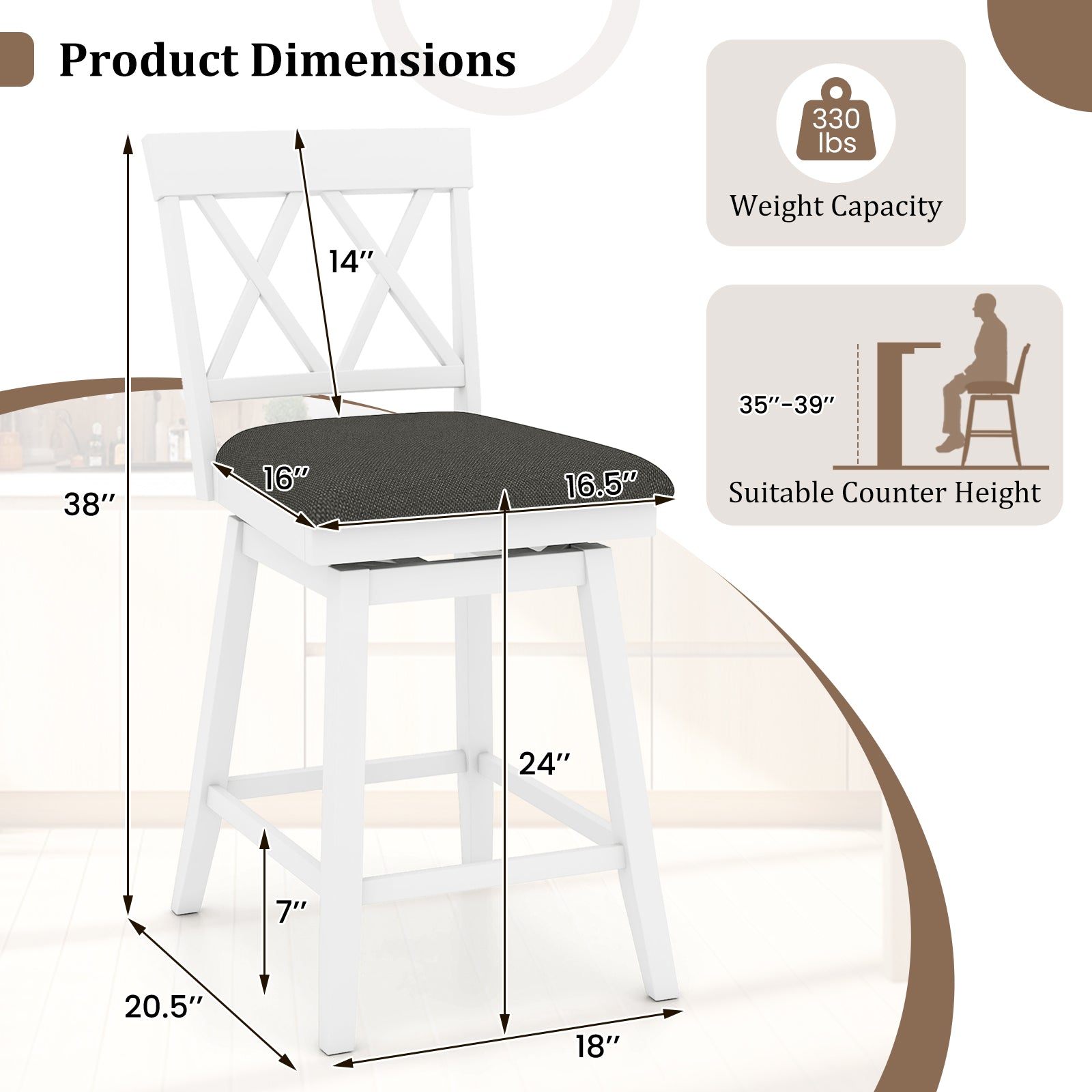 24 Inch Counter Height Barstools with Backrest and Upholstered Seat Cushion for Kitchen Dining Room, White Bar Stools at Gallery Canada