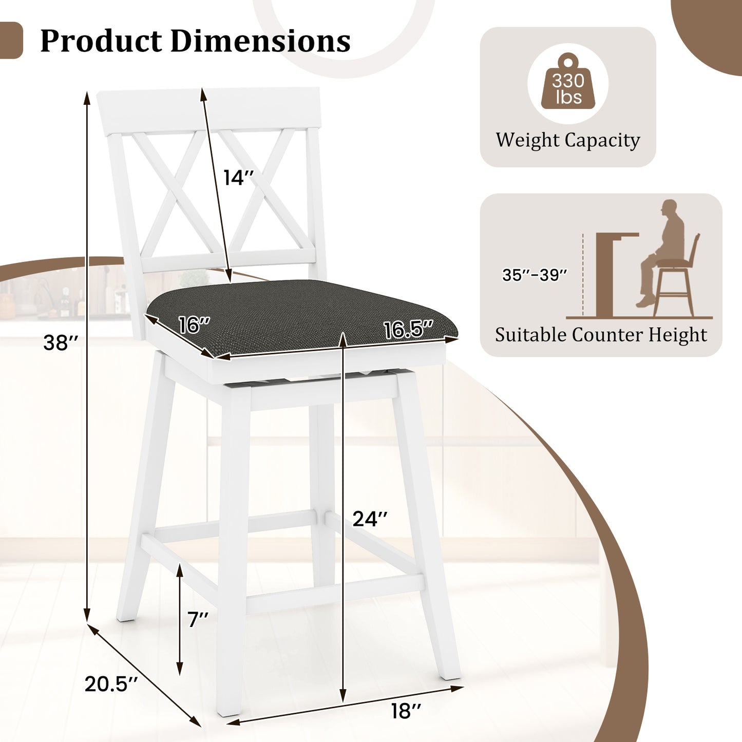 24 Inch Counter Height Barstools with Backrest and Upholstered Seat Cushion for Kitchen Dining Room, White Bar Stools at Gallery Canada