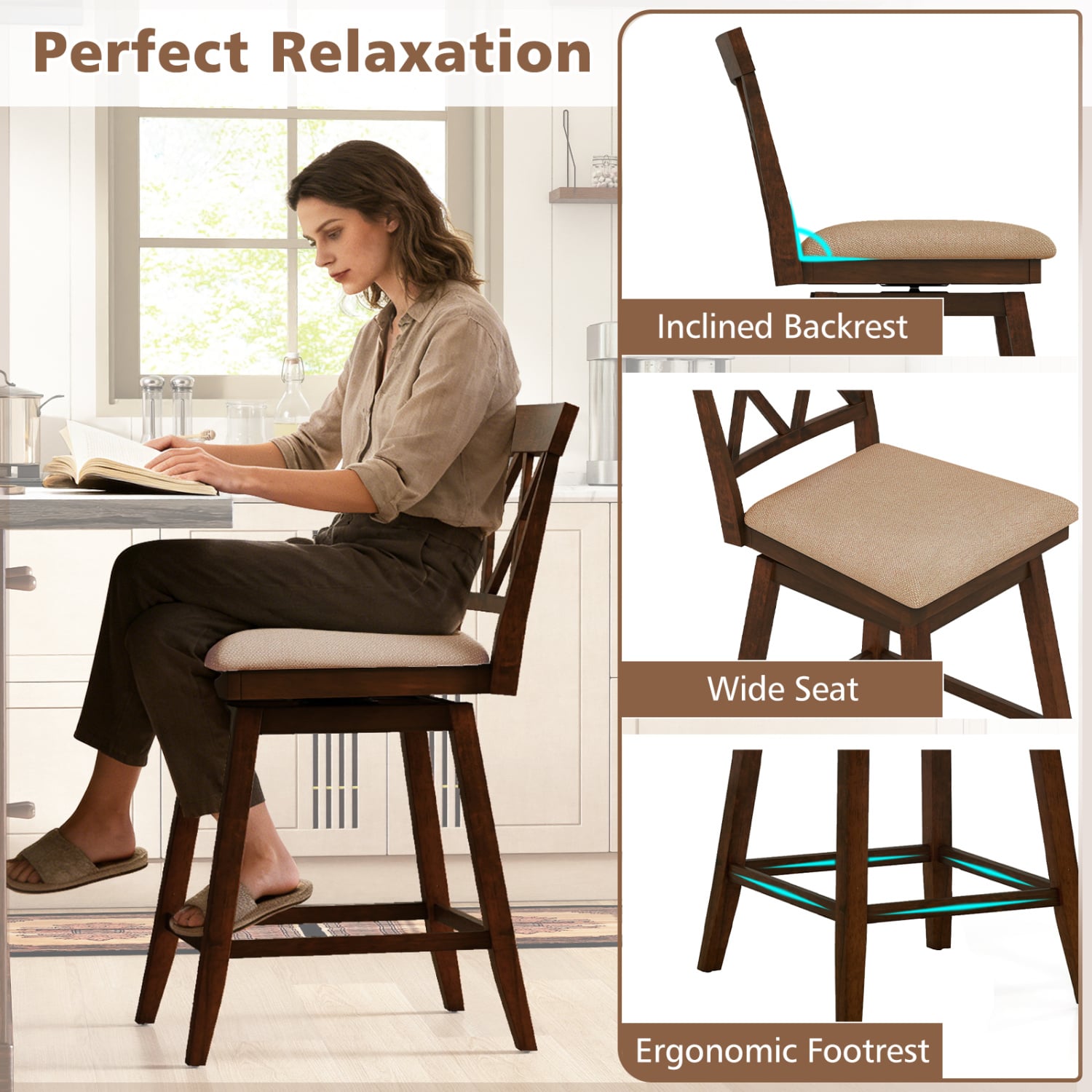 24 Inch Counter Height Barstools Set of 2 with Backrest and Seat Cushion-24 Inch Bar Stools at Gallery Canada