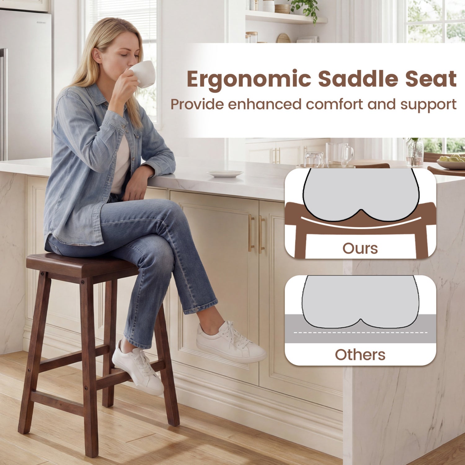 24 Inch Solid Wood Saddle Bar Stools, Set of 2, Brown Bar Stools at Gallery Canada