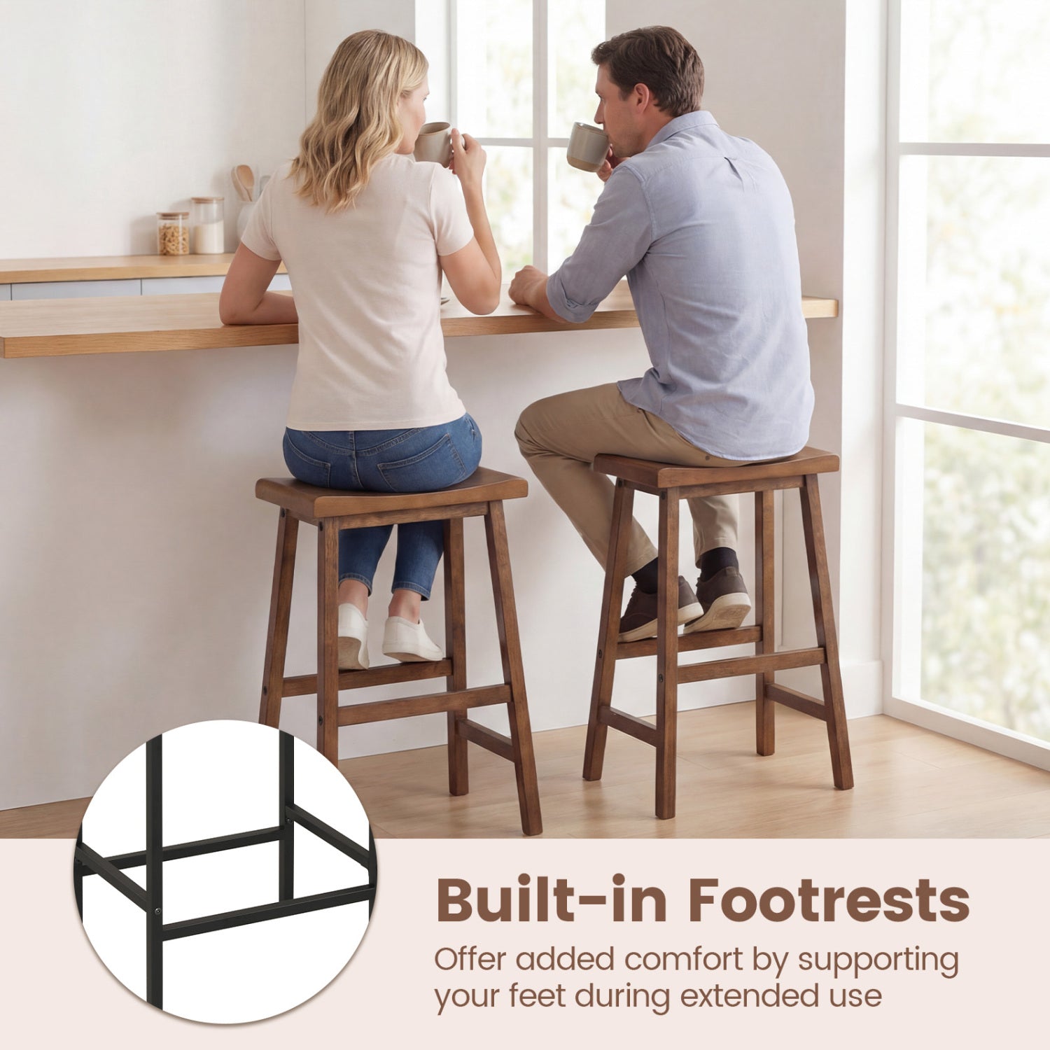 24 Inch Solid Wood Saddle Bar Stools, Set of 2, Brown Bar Stools at Gallery Canada