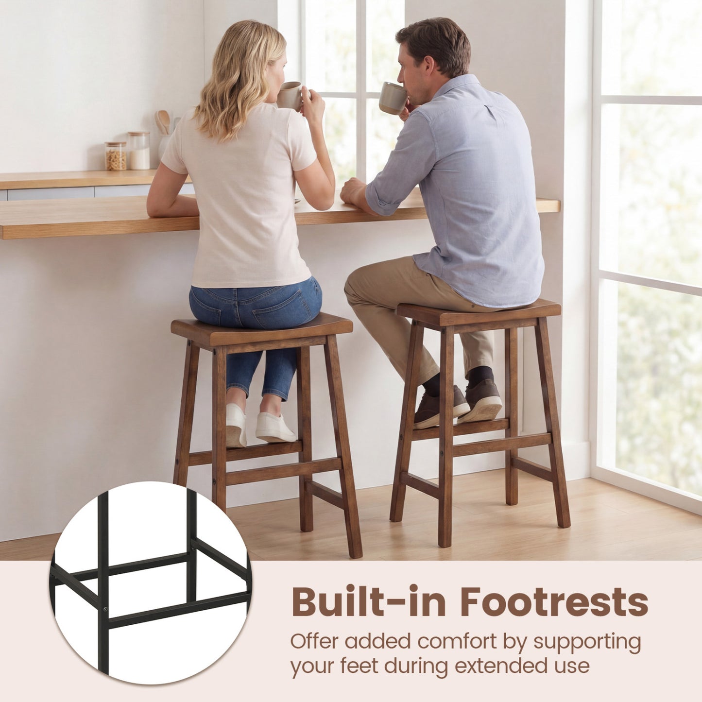 24 Inch Solid Wood Saddle Bar Stools, Set of 2, Brown Bar Stools at Gallery Canada
