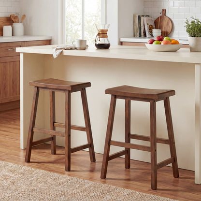 24 Inch Solid Wood Saddle Bar Stools, Set of 2, Brown Bar Stools at Gallery Canada