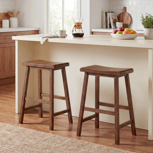 24 Inch Solid Wood Saddle Bar Stools, Set of 2, Brown