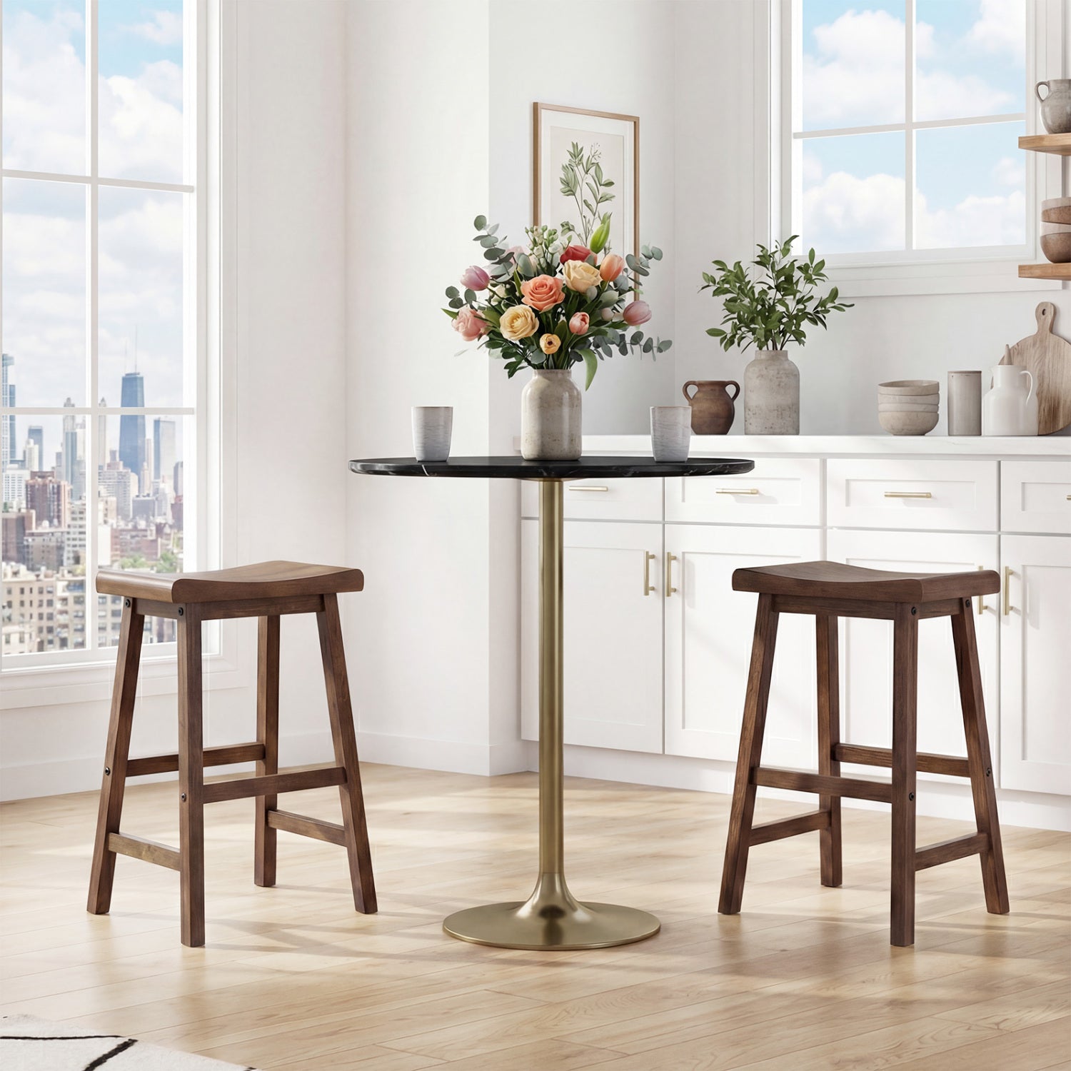 24 Inch Solid Wood Saddle Bar Stools, Set of 2, Brown Bar Stools at Gallery Canada