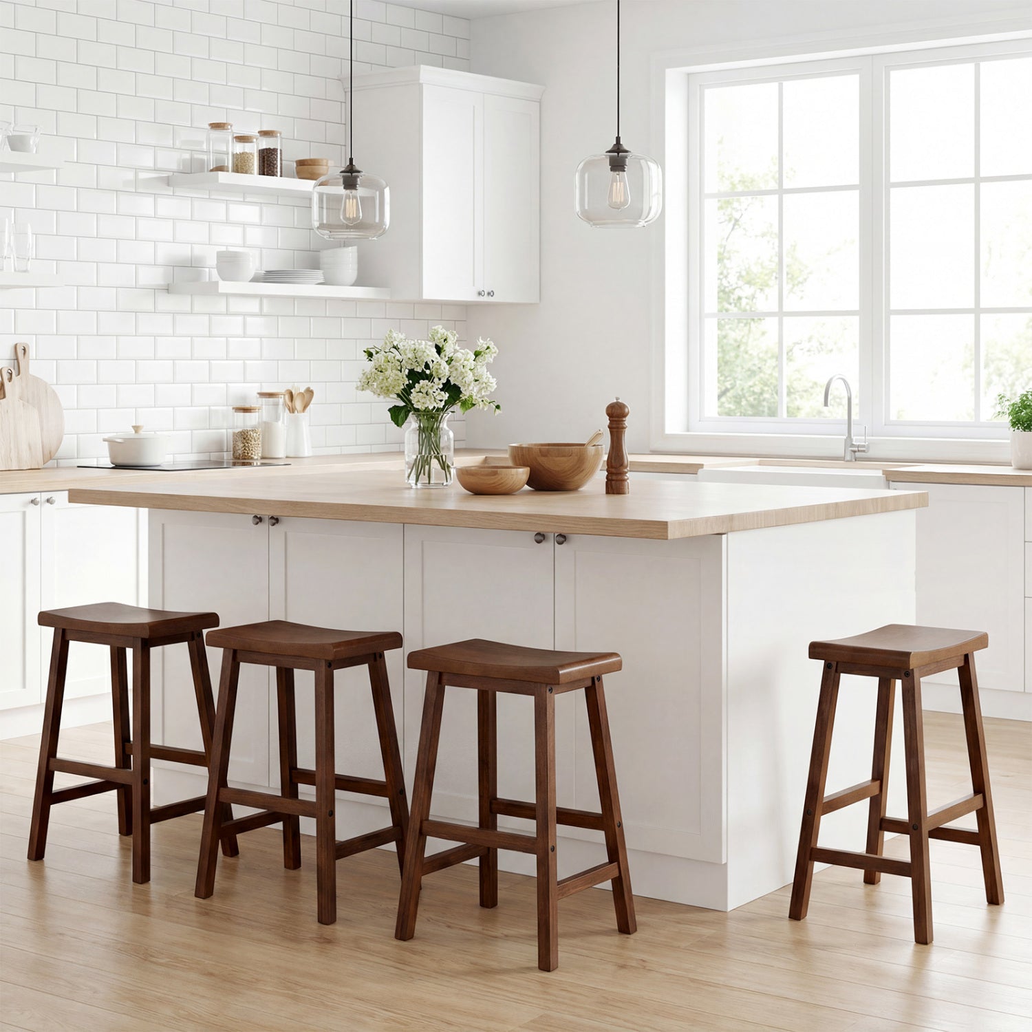 24 Inch Solid Wood Saddle Bar Stools, Set of 2, Brown Bar Stools at Gallery Canada