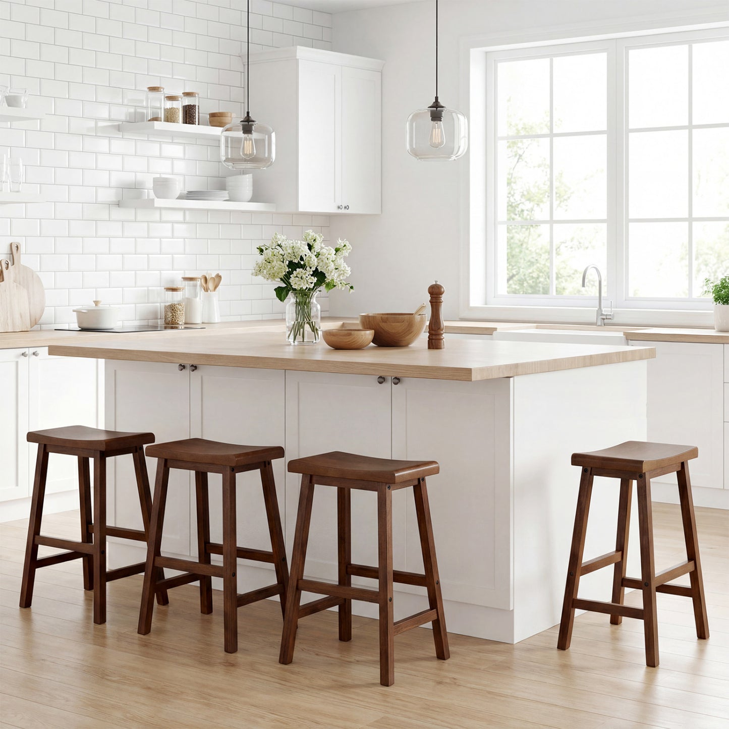 24 Inch Solid Wood Saddle Bar Stools, Set of 2, Brown Bar Stools at Gallery Canada