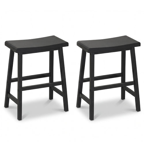 24 Inch Solid Wood Saddle Bar Stools, Set Of 2, Black